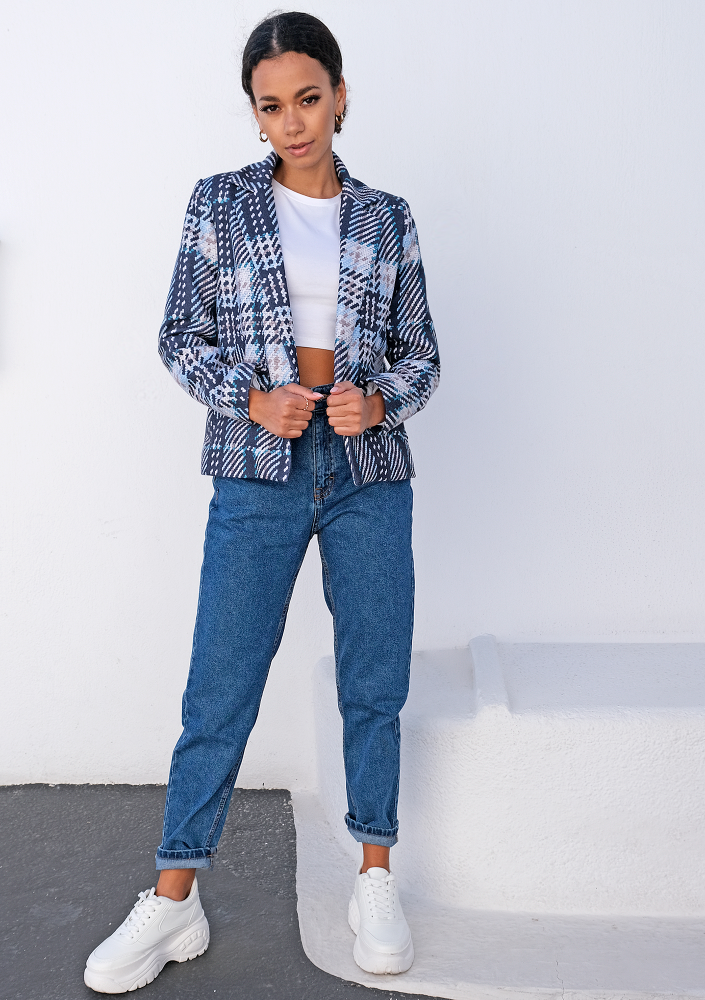 Kurtka z flauszu druk w kratę błękitna