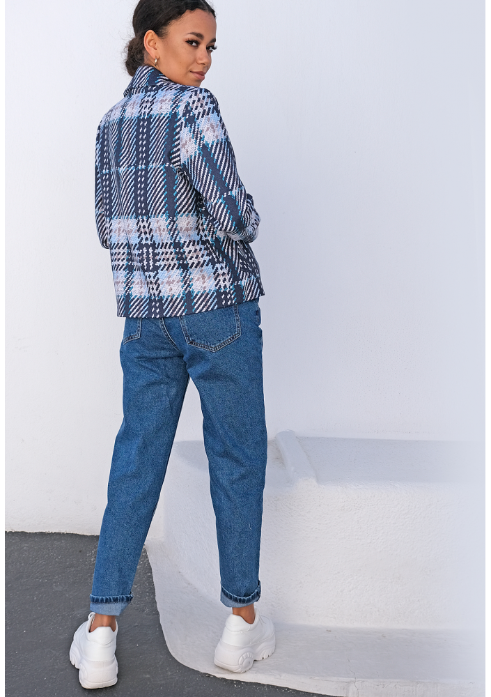 Kurtka z flauszu druk w kratę błękitna