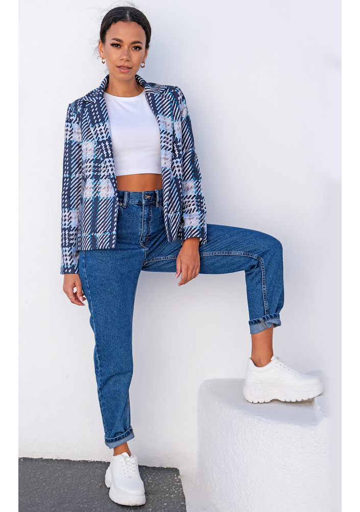 Kurtka z flauszu druk w kratę błękitna