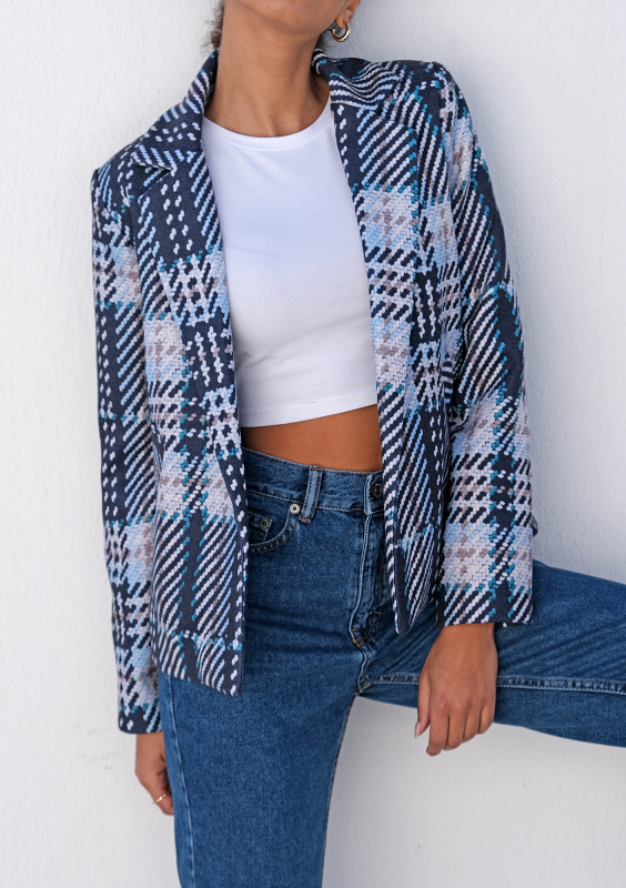 Kurtka z flauszu druk w kratę błękitna