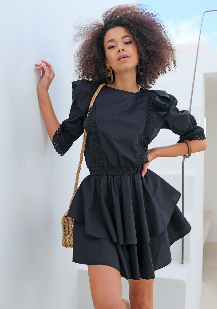 Sukienka z popeliny z falbanami i koronką Czarna