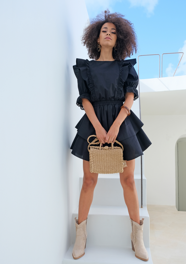 Sukienka z popeliny z falbanami i koronką Czarna