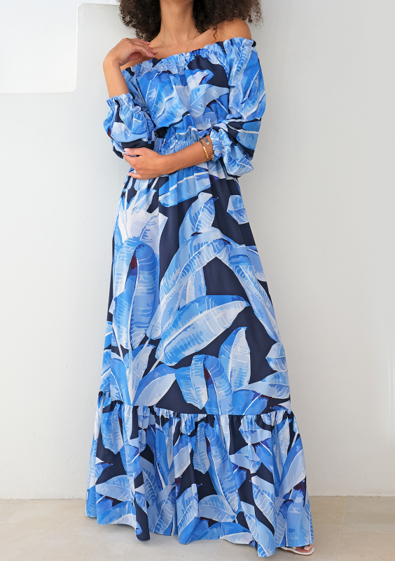 Sukienka maxi w stylu hiszpańskim blue leaves