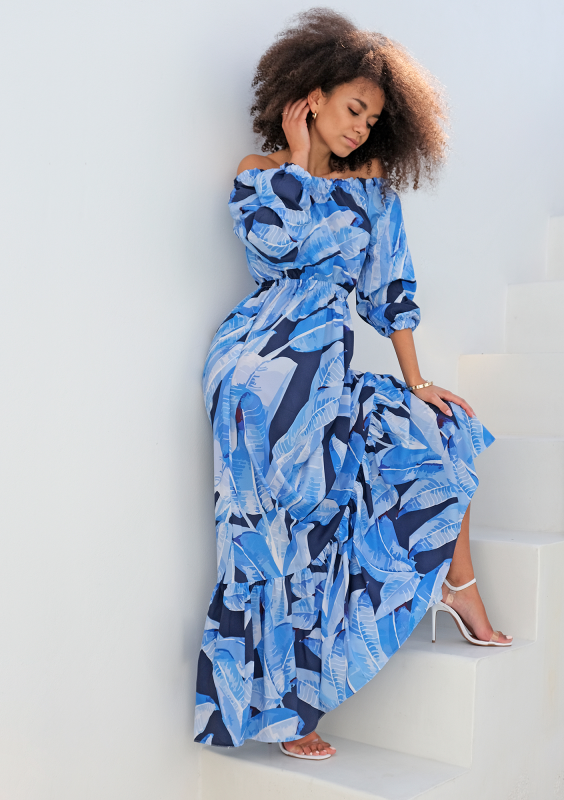 Sukienka maxi w stylu hiszpańskim blue leaves