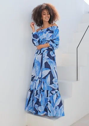 Sukienka maxi w stylu hiszpańskim blue leaves