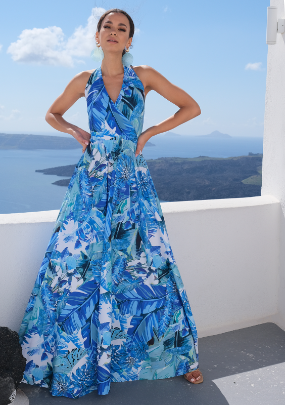 Sukienka maxi wiązana na szyi blue leaves