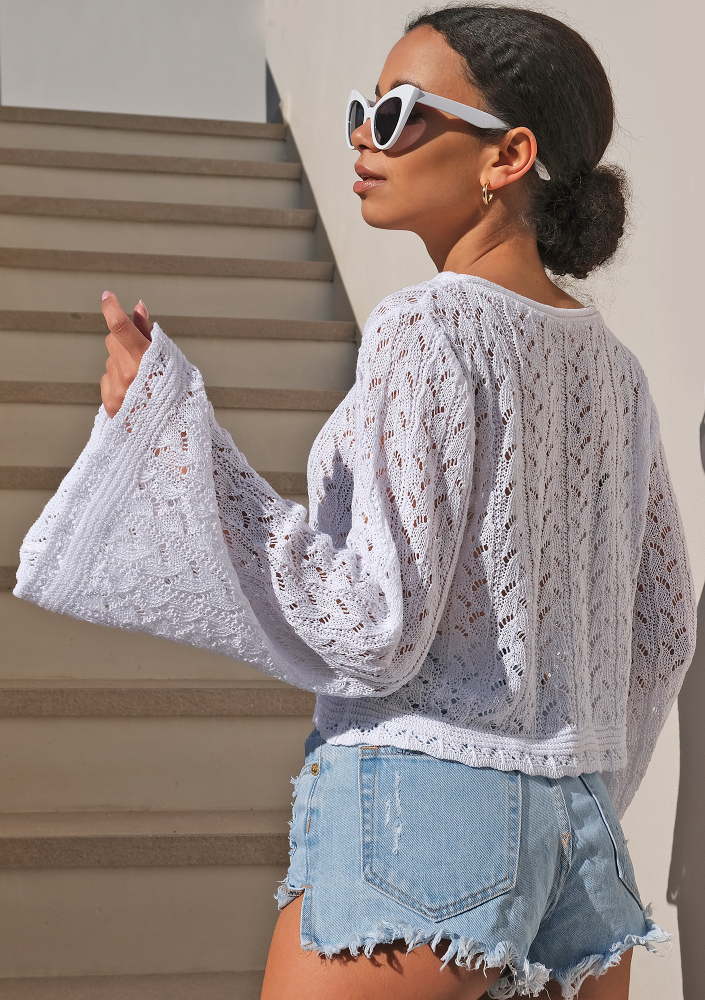 Ażurowy krótki sweter z bawełny Biały