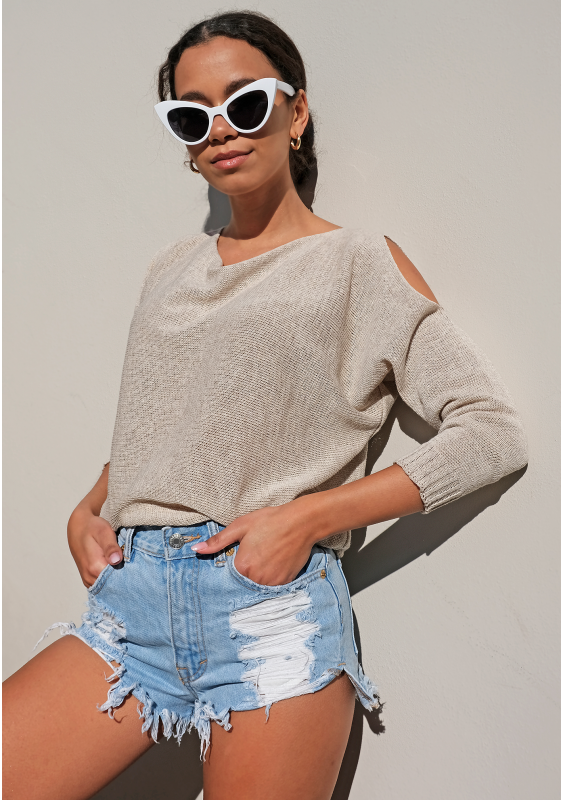 Sweter z bawełny z pęknięciami na ramionach Beżowy