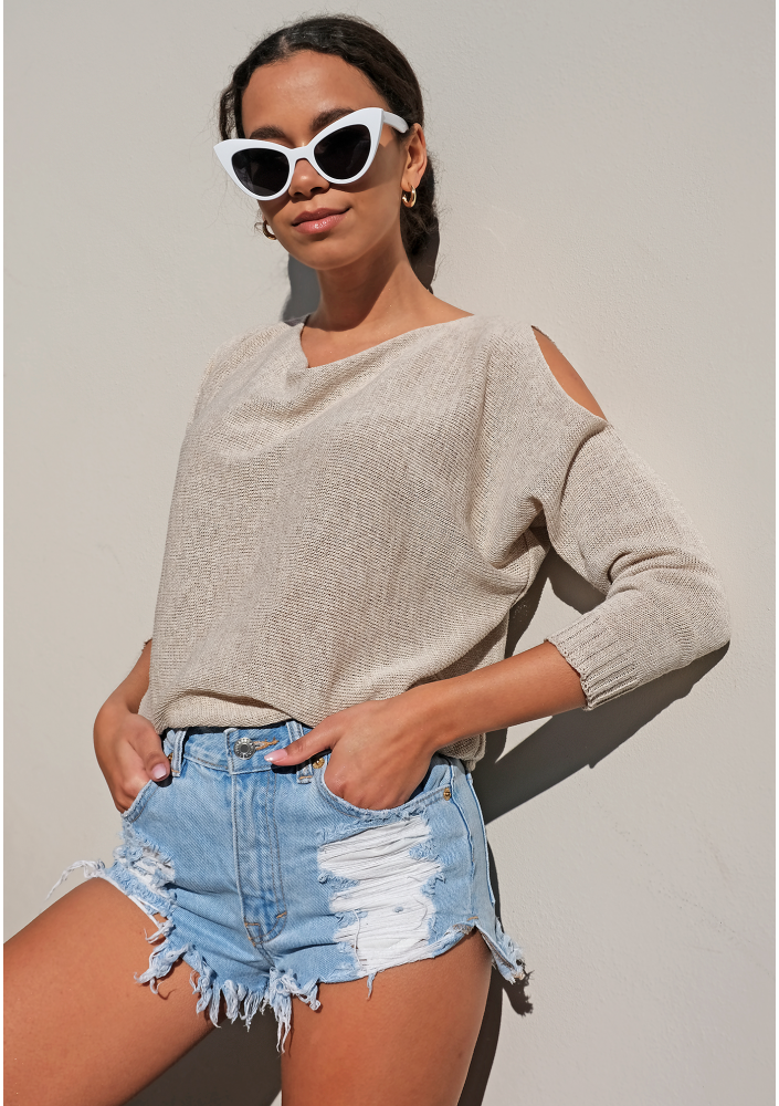 Sweter z bawełny z pęknięciami na ramionach Beżowy ILM A07