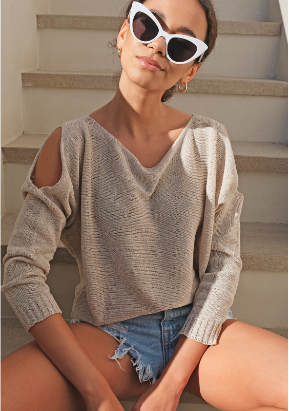 Sweter z bawełny z pęknięciami na ramionach Beżowy