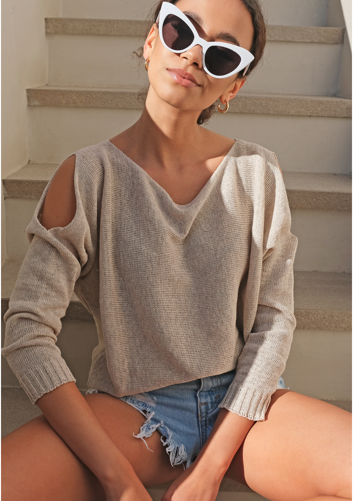 Sweter z bawełny z pęknięciami na ramionach Beżowy