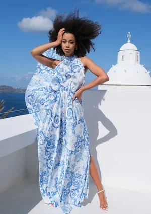 Sukienka maxi z satyny blue print Thira