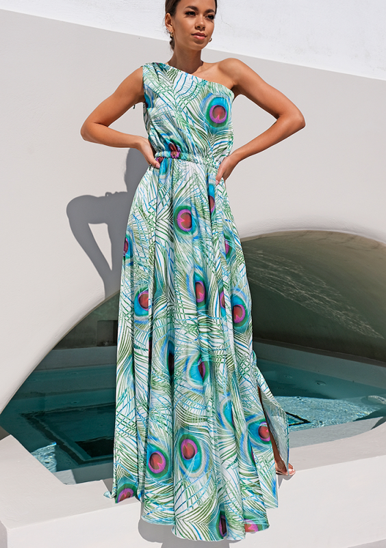 Sukienka maxi z satyny pawie pióra Biała