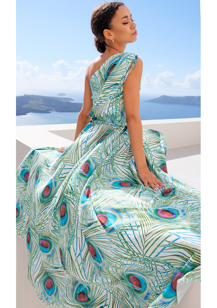 Sukienka maxi z satyny pawie pióra Biała