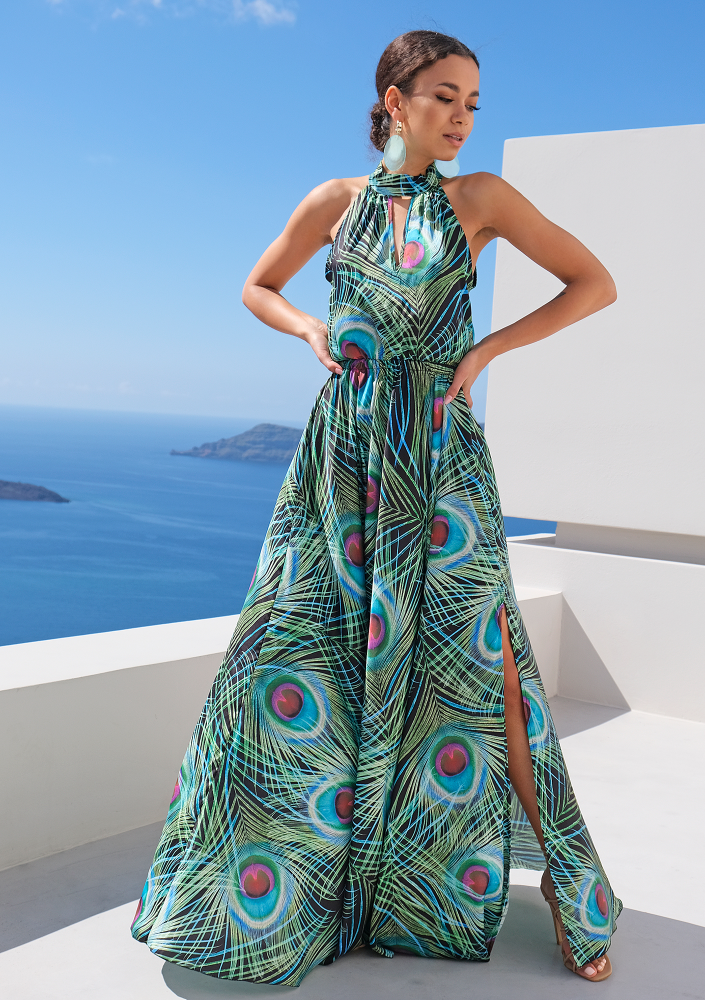 Sukienka maxi z satyny pawie pióra Czarna