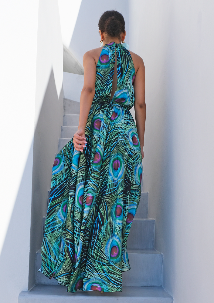 Sukienka maxi z satyny pawie pióra Czarna