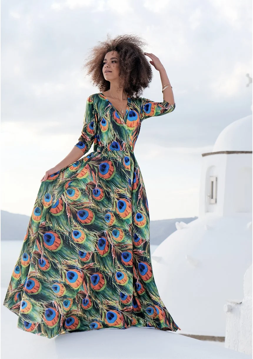 Maxi Dress In Peacock Feathers Print Mosquito