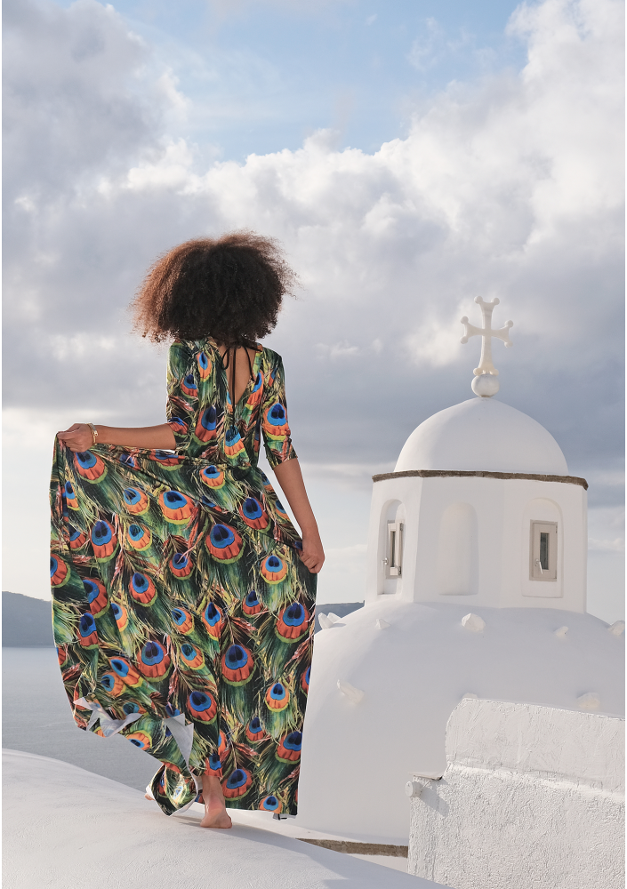 MAXI DRESS IN COLORS LEAVES PRINT