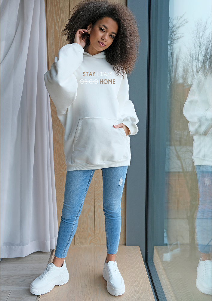 Bluza z kapturem " Stay Home" Kremowa