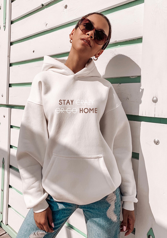 Bluza z kapturem " Stay Home" Kremowa