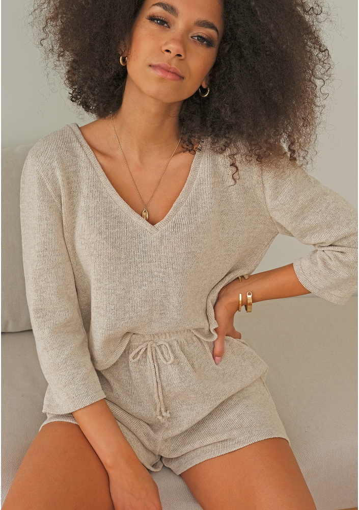 Sweter z bawełny dekolt V ILM A00 Beżowy