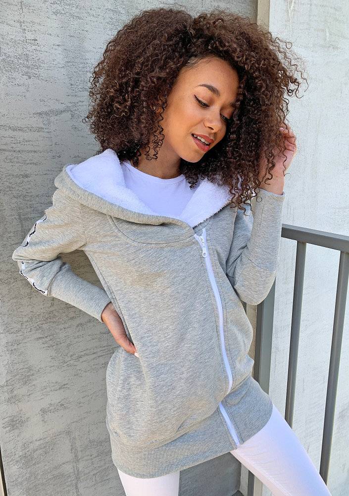 Długa rozpinana bluza z kapturem Szara