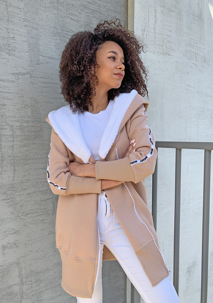 Długa rozpinana  bluza z kapturem Beżowa