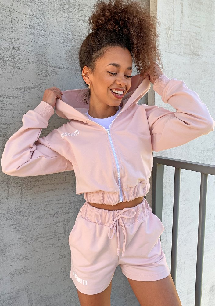 Bluza dresowa na zamek z kapturem Pudrowa