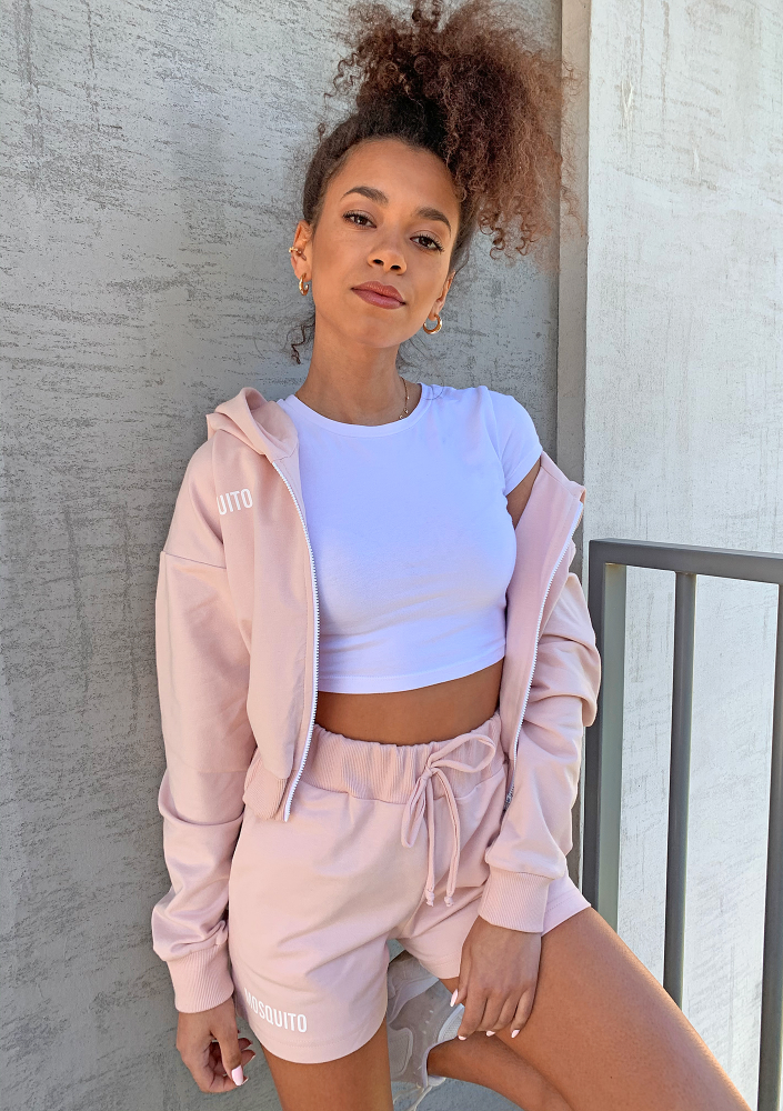 Bluza dresowa na zamek z kapturem Pudrowa