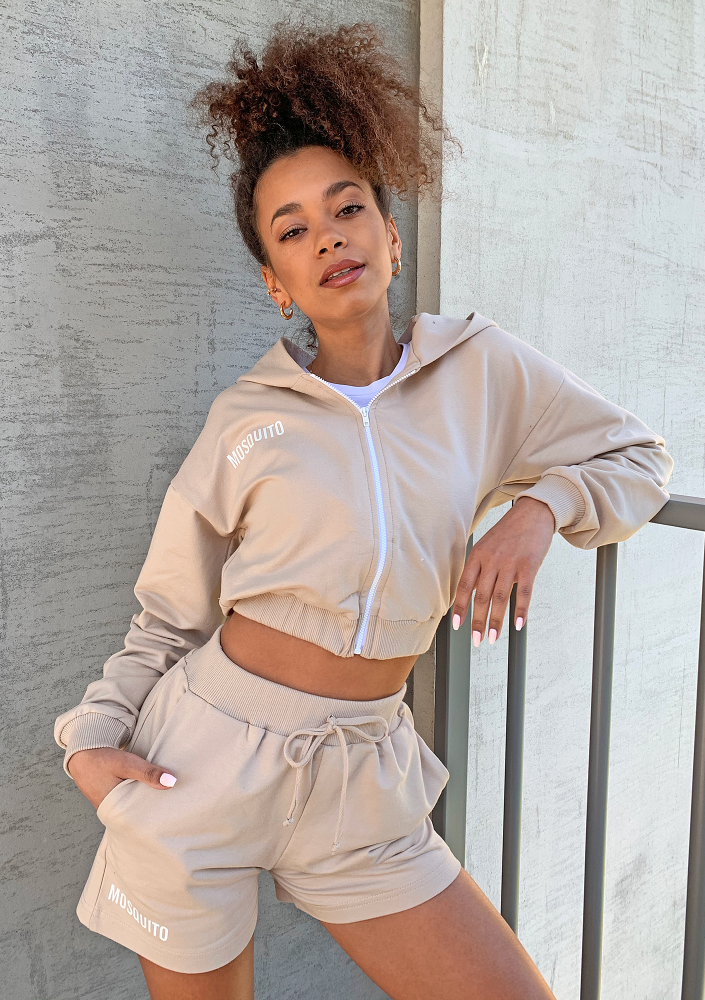 Bluza dresowa na zamek z kapturem Beżowa