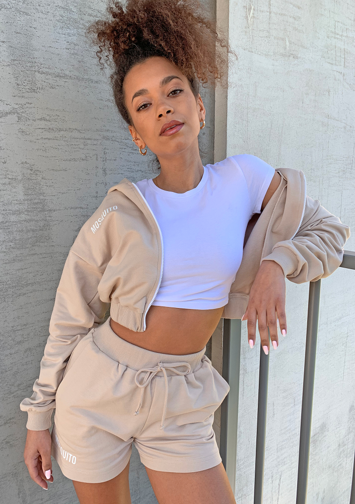 Bluza dresowa na zamek z kapturem Beżowa