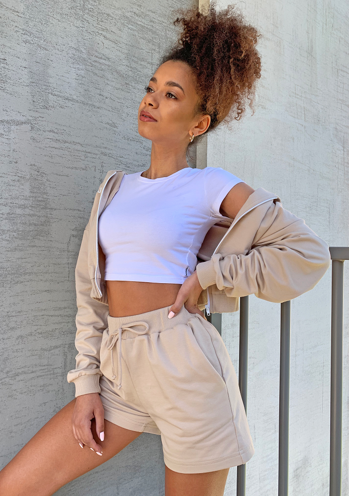 Bluza dresowa na zamek z kapturem Beżowa