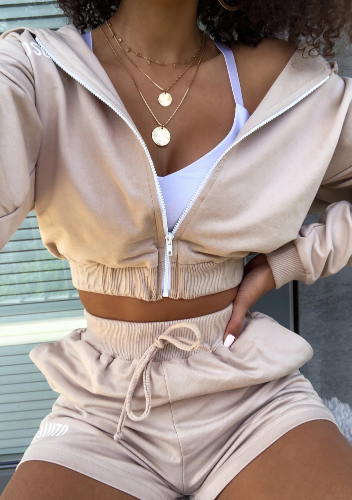 Bluza dresowa na zamek z kapturem Beżowa