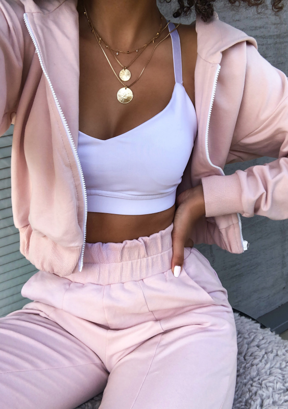 Bluza dresowa na zamek z kapturem Pudrowa