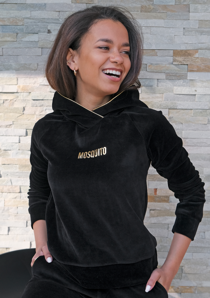 Bluza velvet  z kapturem i złotymi detalami Czarna