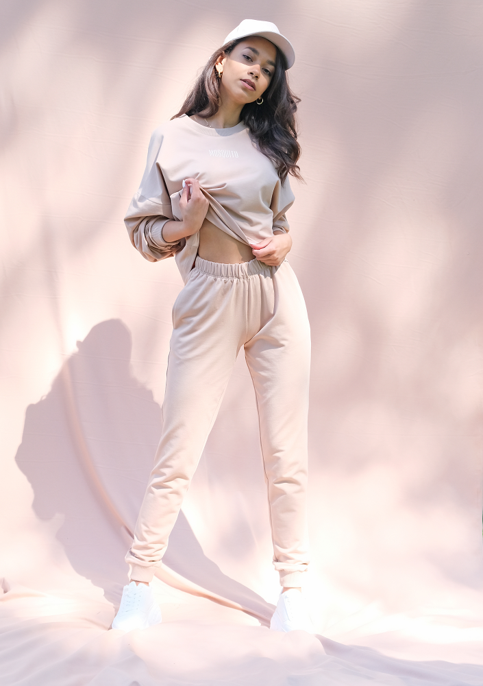 Bluza o luźnym kroju z haftowanym logo warm taupe ILM