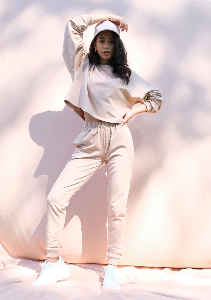 Bluza o luźnym kroju z haftowanym logo warm taupe ILM