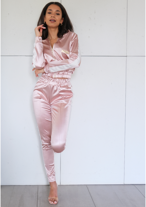 Spodnie z elastycznej satyny z lampasem Pudrowe