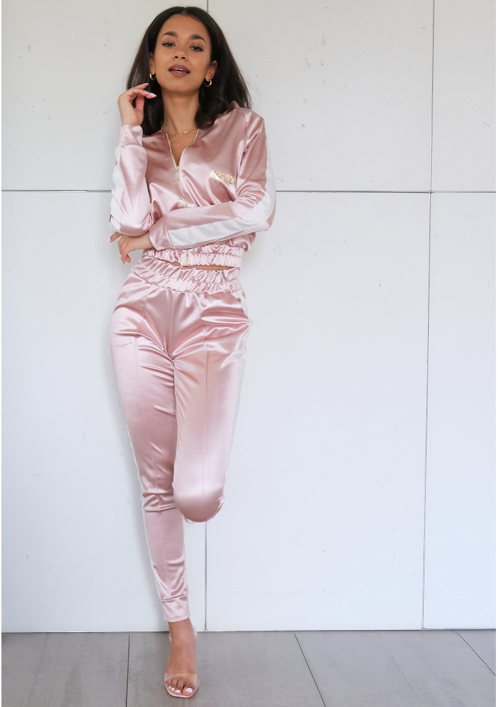 Spodnie z elastycznej satyny z lampasem Pudrowe