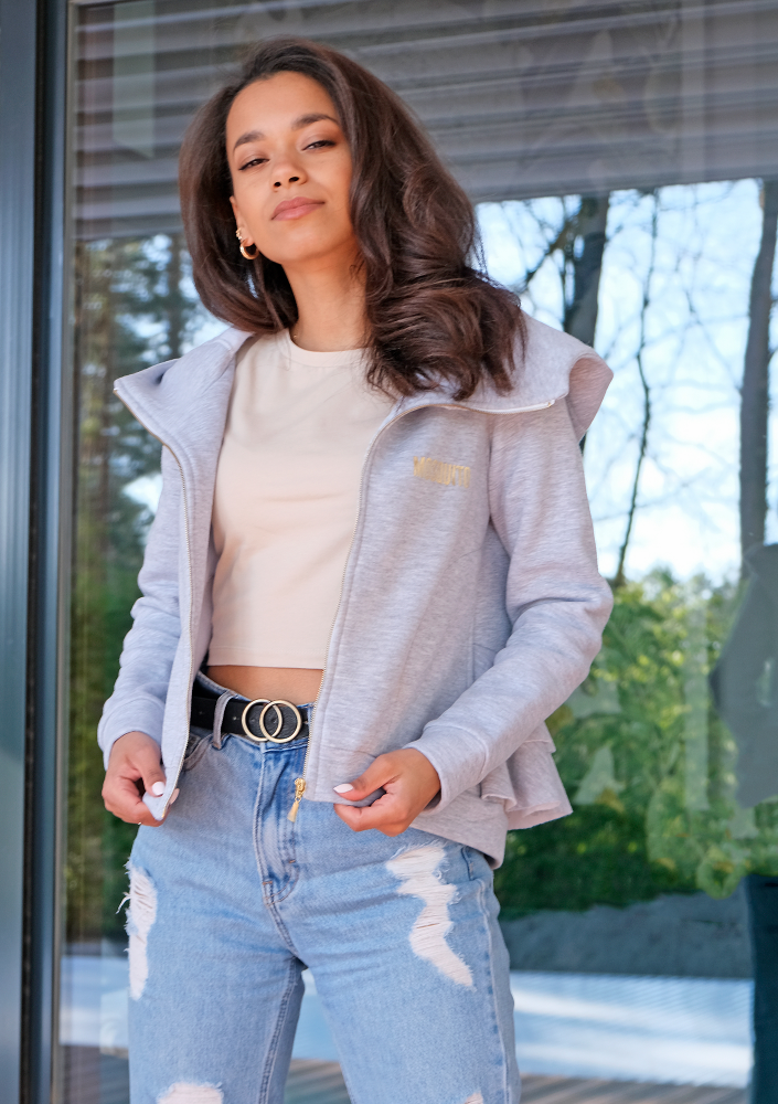 Bluza rozpinana z falbanami Szara