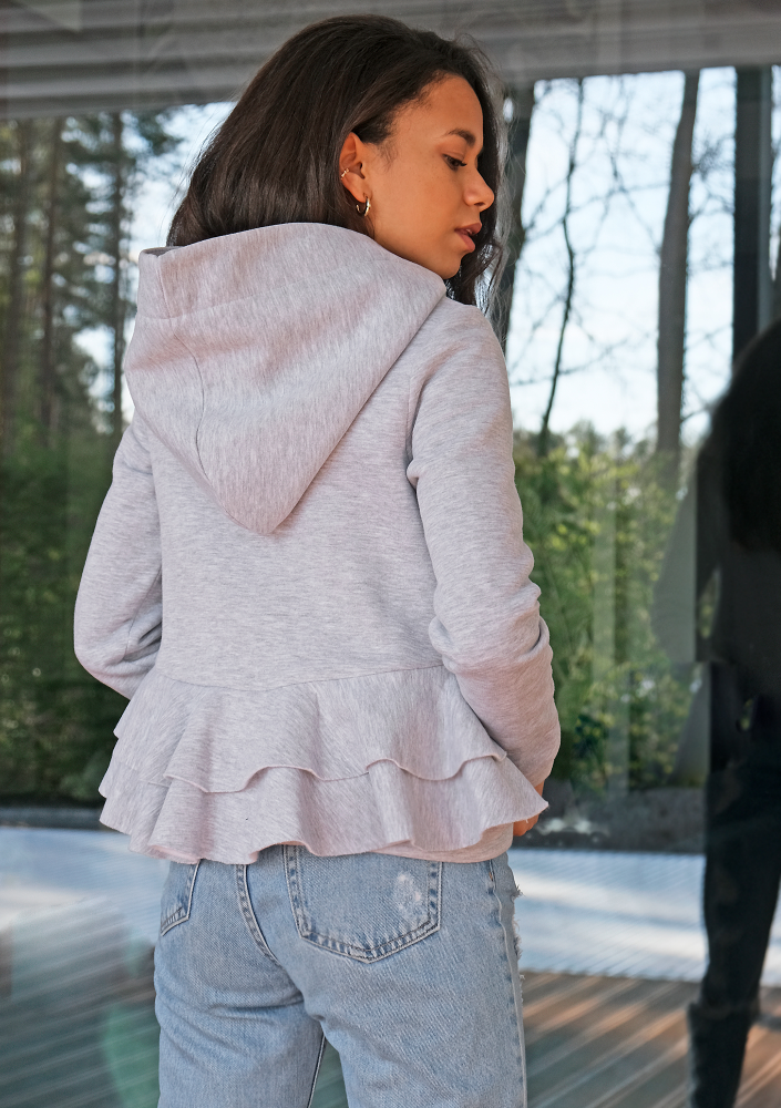 Bluza rozpinana z falbanami Szara