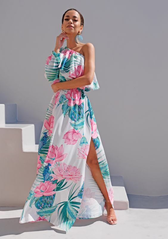 Sukienka maxi z falbaną i jednym rękawem