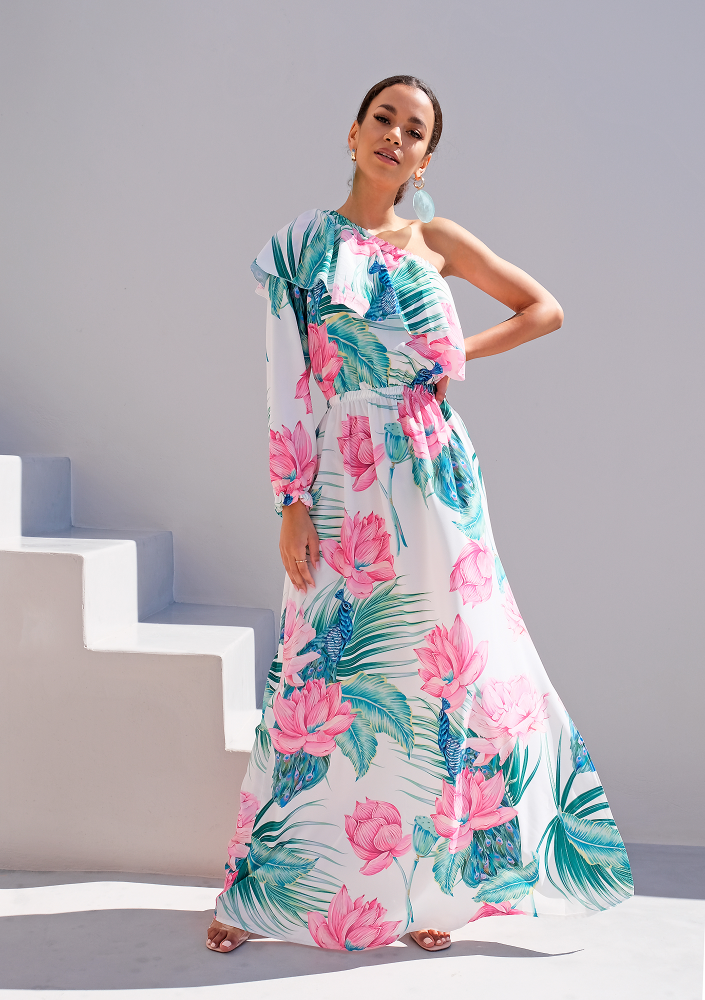 Sukienka maxi z falbaną i jednym rękawem