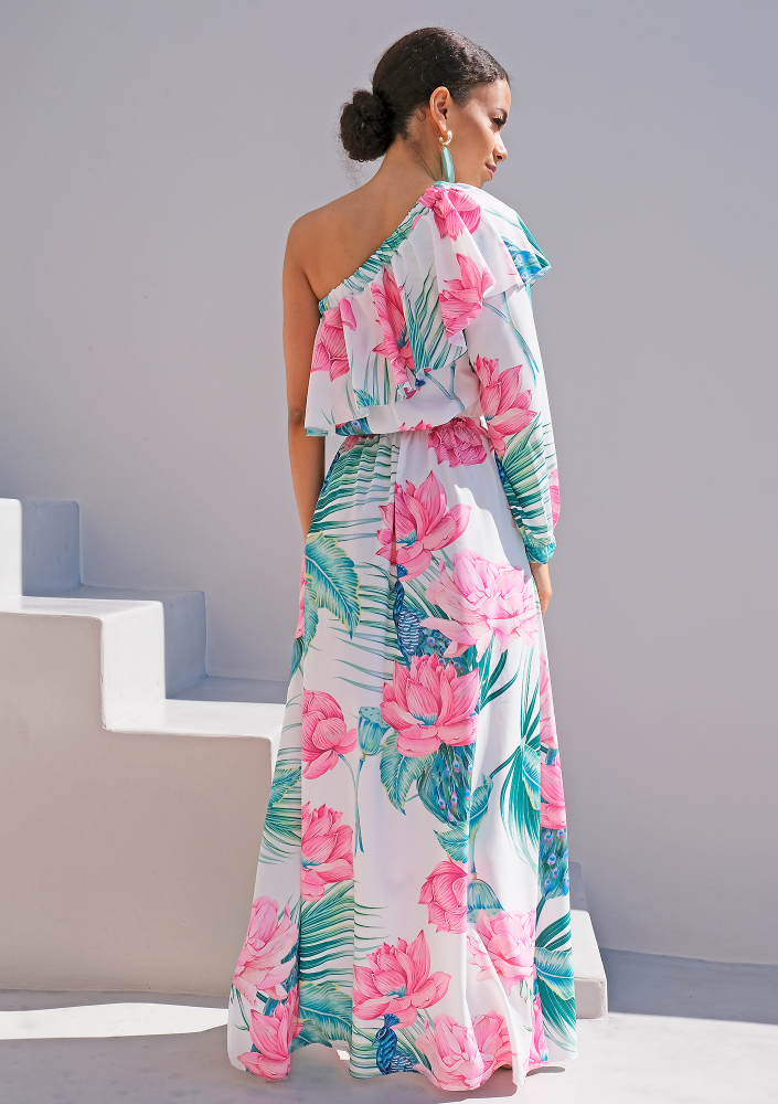 Sukienka maxi z falbaną i jednym rękawem