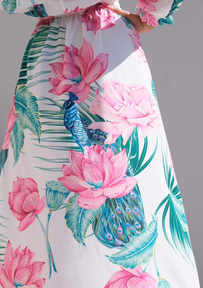 Sukienka maxi z falbaną i jednym rękawem