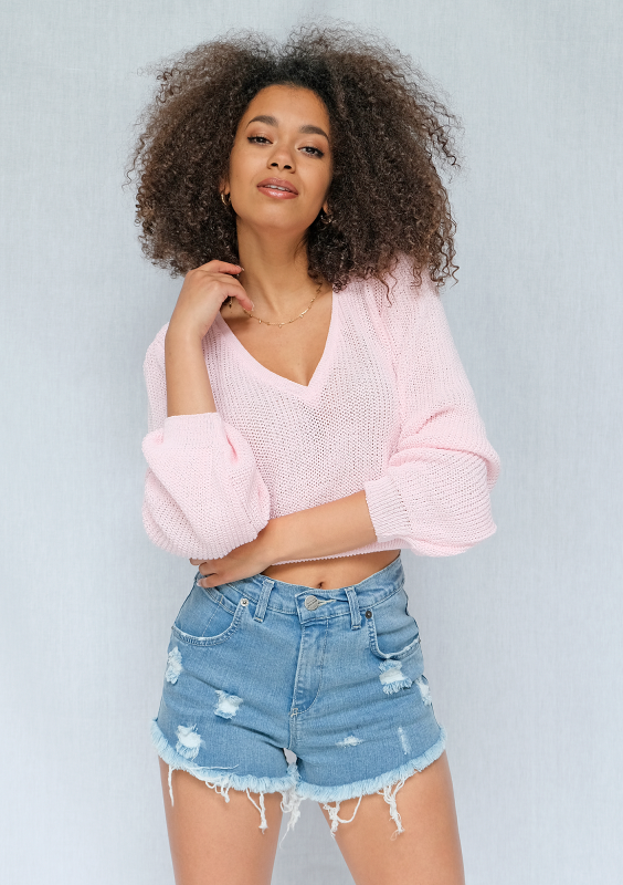 Sweter V neck z bawełny Candy Pink ILM