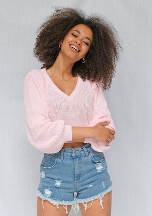 Sweter V neck z bawełny Candy Pink ILM