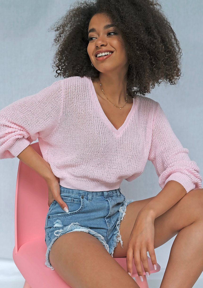 Sweter V neck z bawełny Candy Pink ILM
