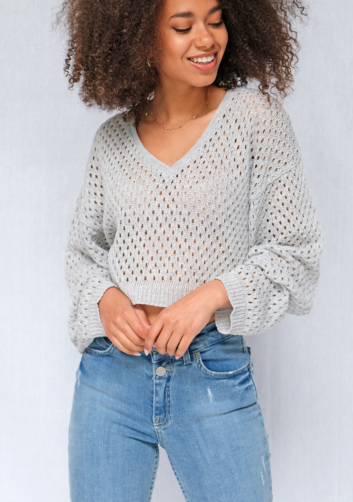 Ażurowy sweter z bawełny o luźnym kroju Szary ILM