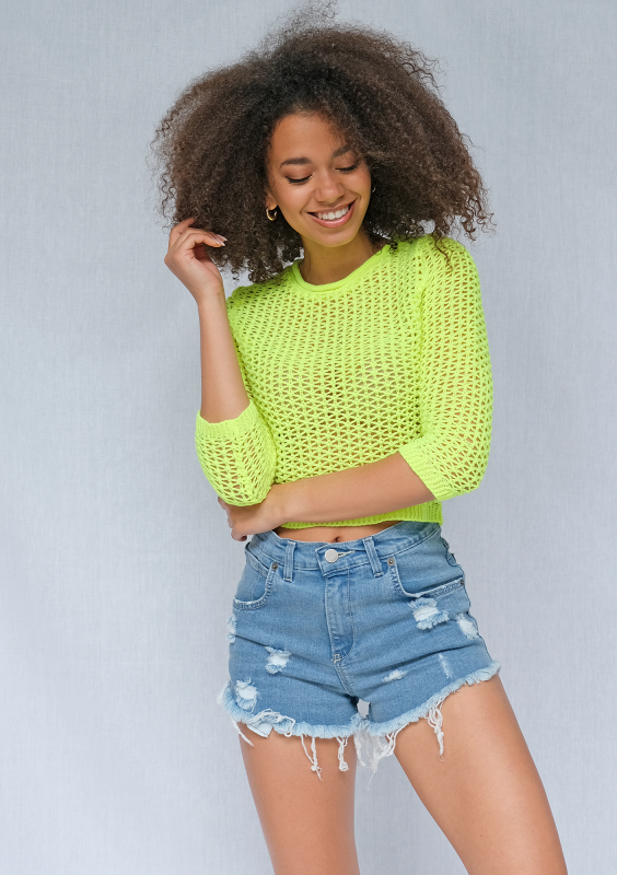 Krótki sweter ażur neon żółty ILM